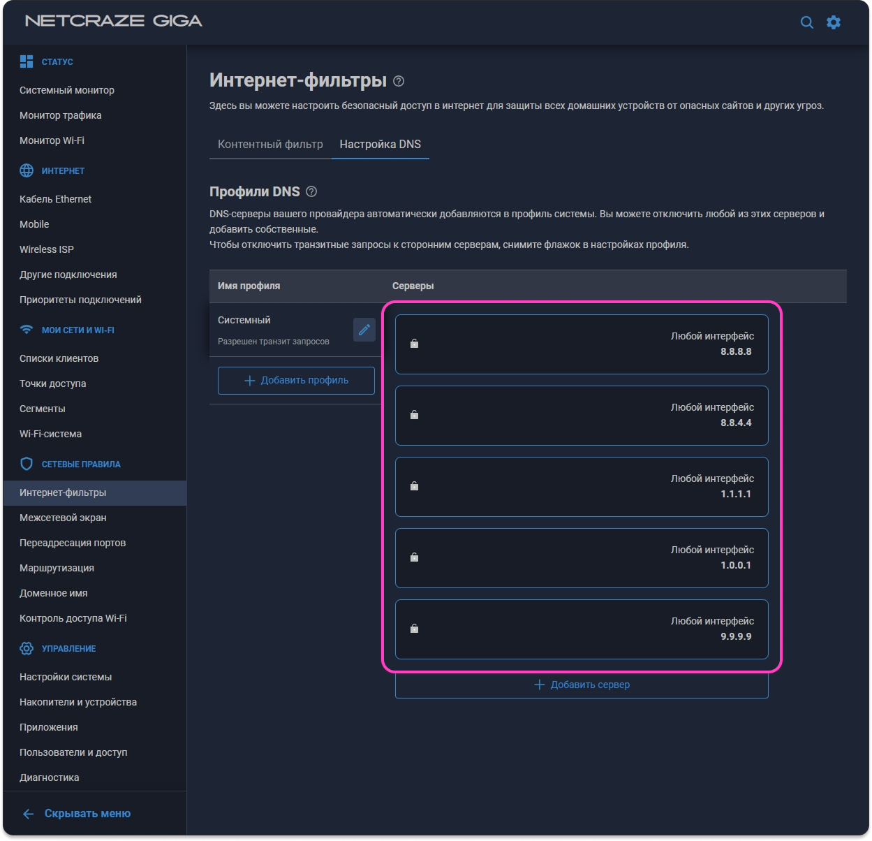 Параметры DNS-сервера